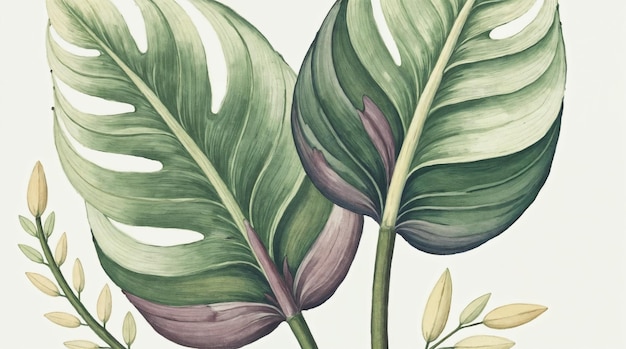 Ilustración botánica de hojas tropicales en acuarela
