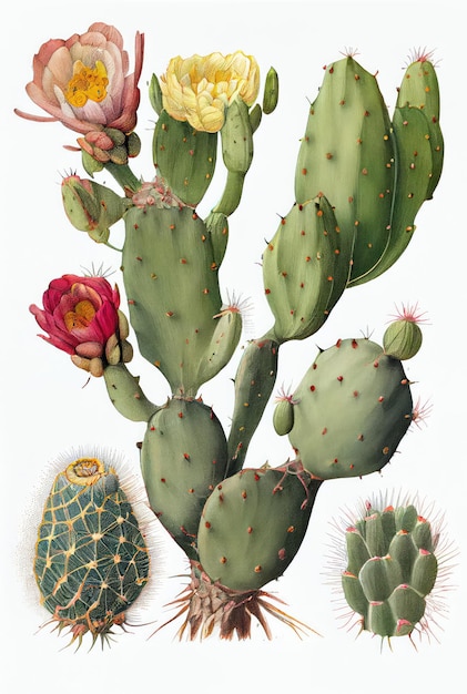 Ilustración botánica de Opuntia Planta alimenticia de higo chumbo Pera Cactus Resumen Generativo Ilustración de IA