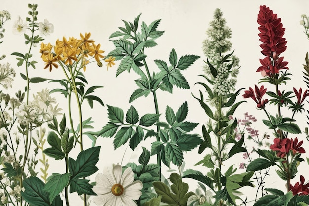 Una ilustración botánica vintage con diferentes tipos de especies de plantas generadas por la IA