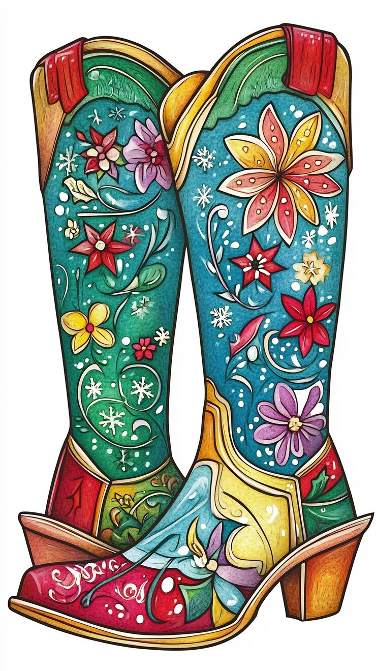 Foto ilustración de botas de vaquero florales de colores