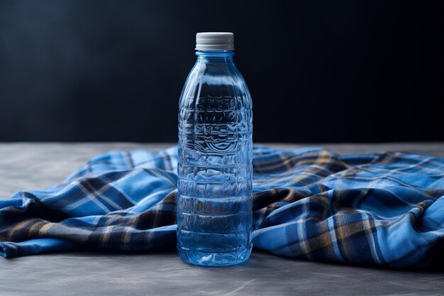 Foto ilustración de una botella de agua azul en un fondo de manta