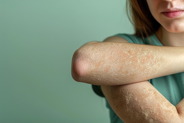 Ilustración de un brazo de una mujer cubierto de manchas de picazón levantadas que muestran una reacción cutánea indicativa