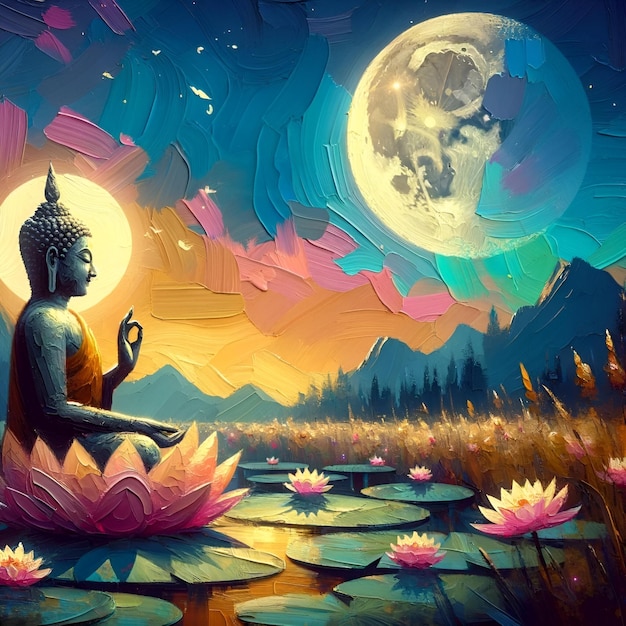 Foto ilustración de buda en el fondo de la luna llena para la celebración del día de buda