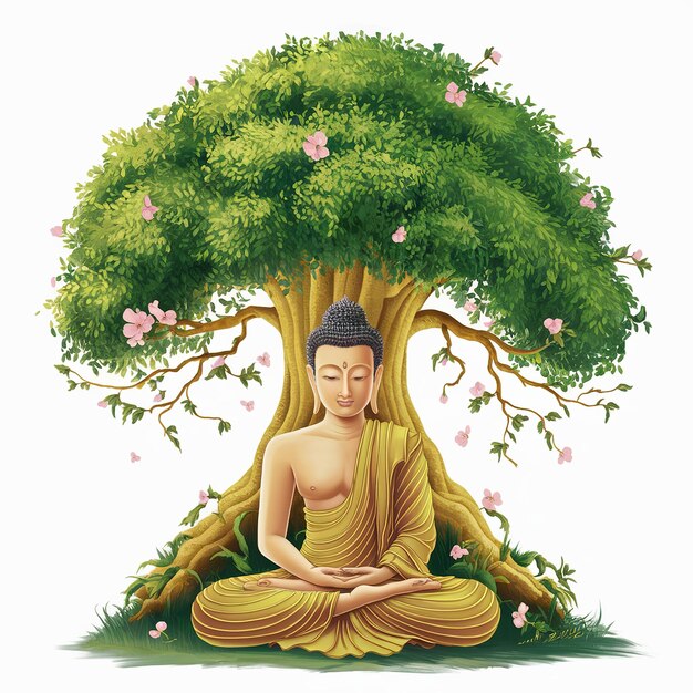 Ilustración de Buddha Purnima Vesak Day Gautam Buddha sentado bajo el árbol bodhi aislado sobre un fondo blanco