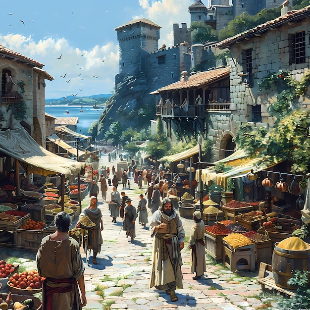 Ilustración del bullicioso mercado medieval