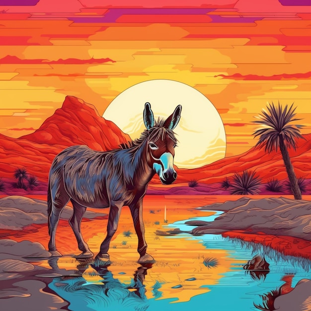 Ilustración de un burro parado en un río con una puesta de sol en el fondo ai generativo