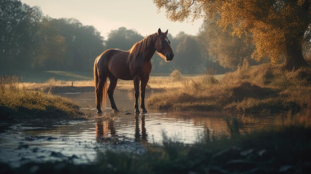 Ilustración de un caballo relajándose en la naturaleza con otros animales en la vida silvestre del bosque