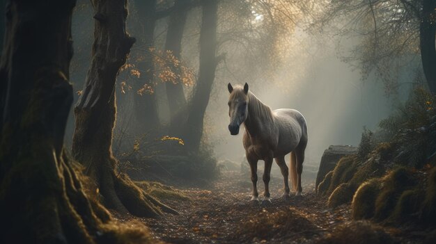 Ilustración de un caballo relajándose en la naturaleza con otros animales en la vida silvestre del bosque