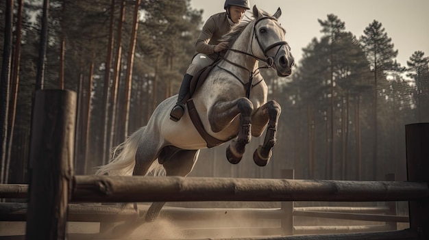 Foto ilustración de un caballo relajándose en la naturaleza con otros animales en la vida silvestre del bosque