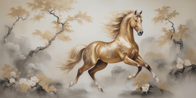 Ilustración con caballos y pinceladas doradas pintadas con aceite