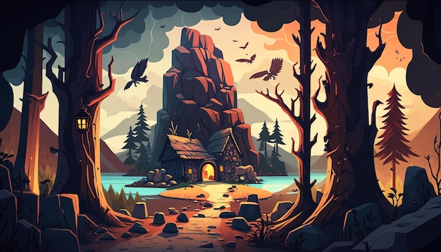 Ilustración de una cabaña en el bosque con un lago y montañas en el fondo ai generativo