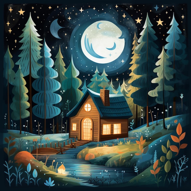 Ilustración de una cabaña en el bosque por la noche con un ai generativo de luna llena