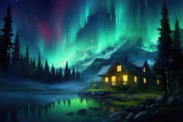 una ilustración de una cabaña junto a un lago con las luces de la aurora en el cielo