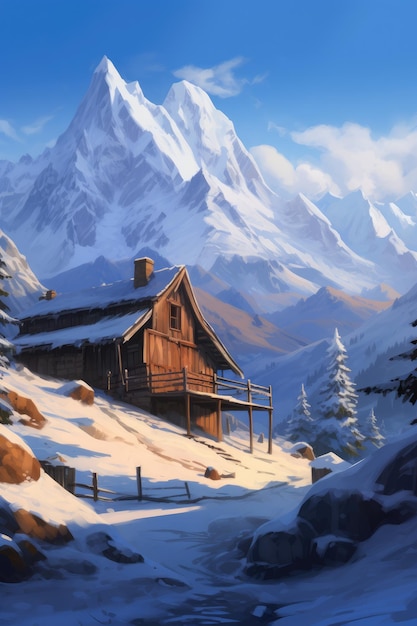una ilustración de una cabaña en una montaña nevada