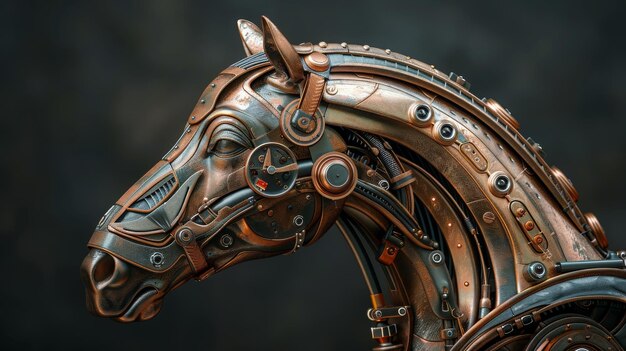 Una ilustración de una cabeza de caballo dorado steampunk en 3D