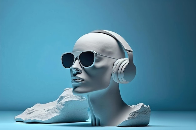 Ilustración de una cabeza de escultura con gafas y auriculares Generación AI