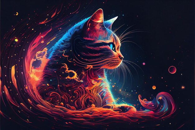 Ilustración de cabeza de gato de colores vibrantes