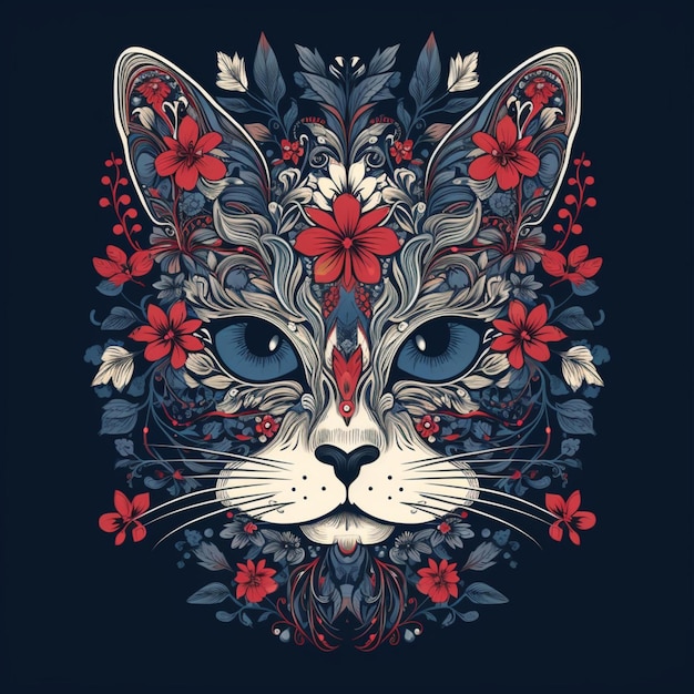 ilustración de una cabeza de gato con intrincados diseños de flores decorativas