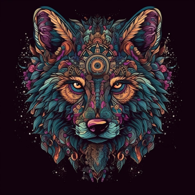 Ilustración de la cabeza de un lobo con patrones y colores vibrantes.