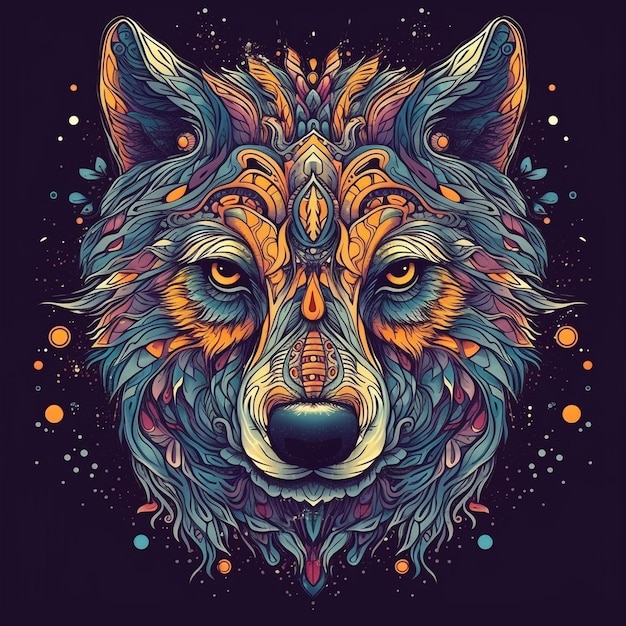 Ilustración de la cabeza de un lobo con patrones y colores vibrantes.