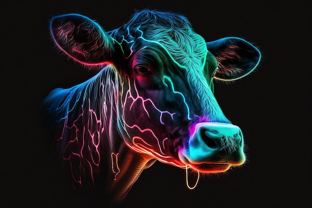 Ilustración de cabeza de neón de vaca que brilla intensamente arte generado por ai