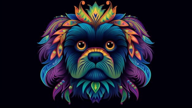 Ilustración de cabeza de perro pequinés de estilo neón colorido en AI generativa