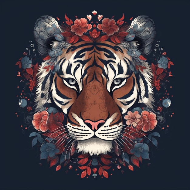 ilustración de una cabeza de tigre con intrincados diseños de flores decorativas