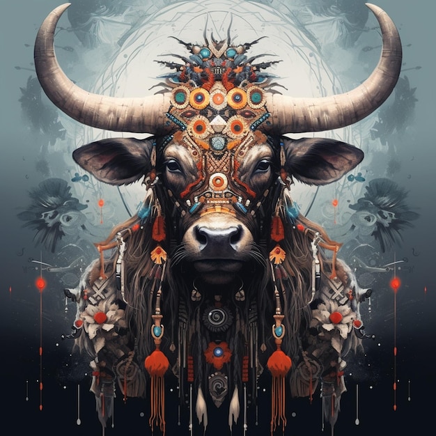 una ilustración de cabeza de toro con halmet de calavera