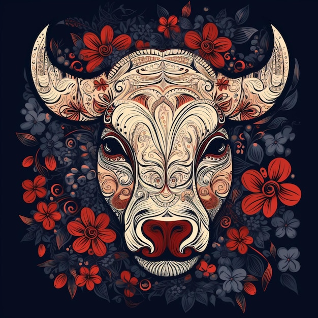 Foto ilustración de una cabeza de toro con intrincados diseños de flores decorativas