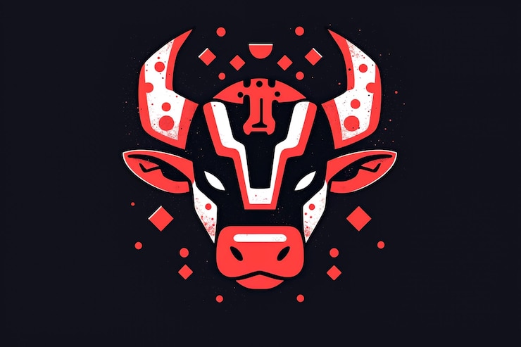 Foto ilustración de la cabeza de toro rojo con patrones geométricos