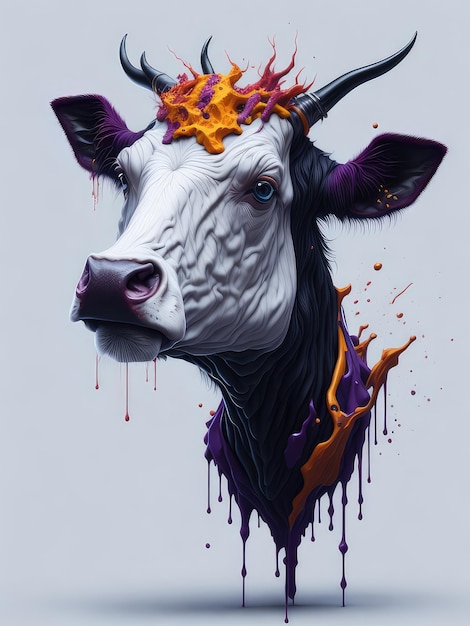 Ilustración de una cabeza de vaca colorida con salpicaduras de pintura vibrantes creadas con tecnología de IA generativa