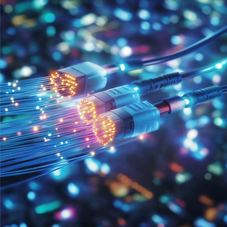Foto una ilustración de cables de fibra óptica que conectan diferentes partes de una ciudad para internet de alta velocidad