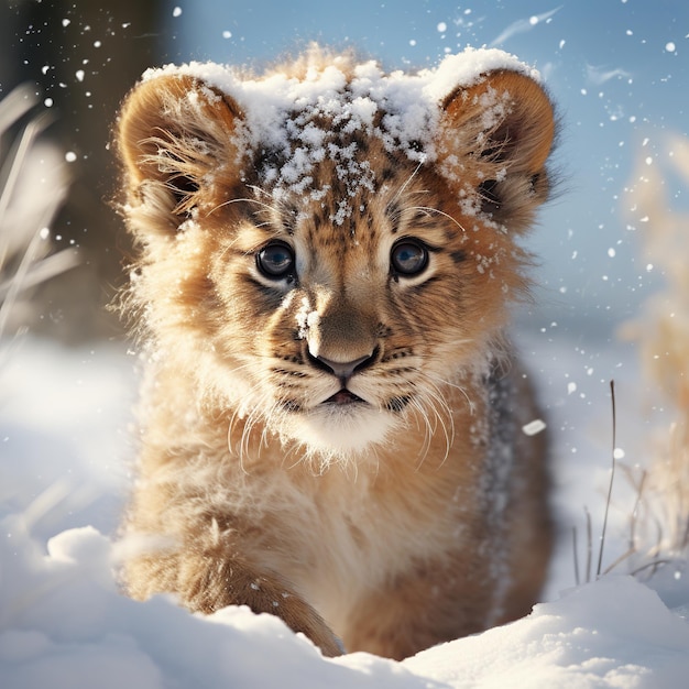 Ilustración de un cachorro de león jugando en la nieve. Detección clara realista.
