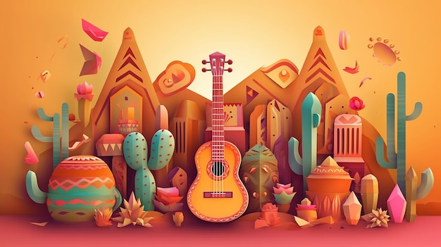 Ilustración de un cactus decorado con lant de guitarras IA generativa