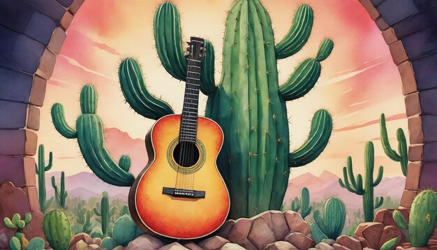 Ilustración de cactus y guitarra para el Cinco De Mayo