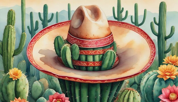 Ilustración de cactus y sombrero Concepto de la fiesta mexicana