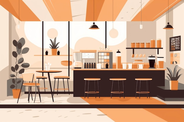 Ilustración de una cafetería con una barra y sillas generativas ai