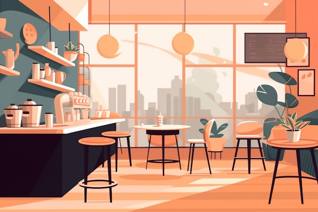 Ilustración de una cafetería con una vista de la ciudad generativa ai