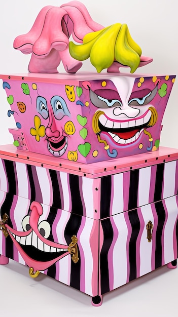 Foto ilustración de la caja de juguetes del payaso del día de los tontos de abril en rosa