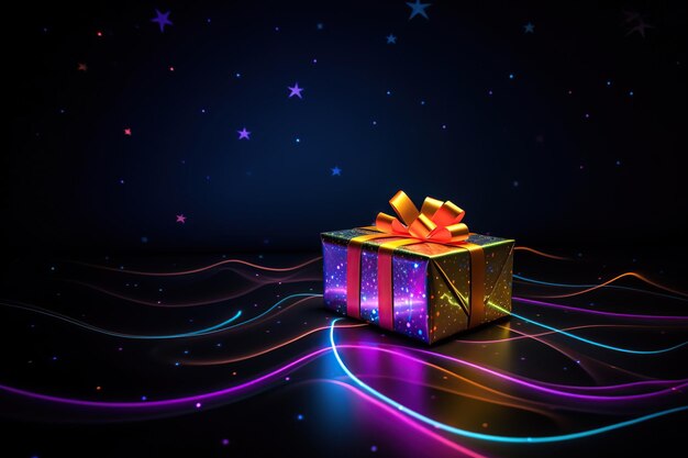 Foto ilustración de una caja de regalo brillante con un lazo sobre un fondo oscuro ia generativa