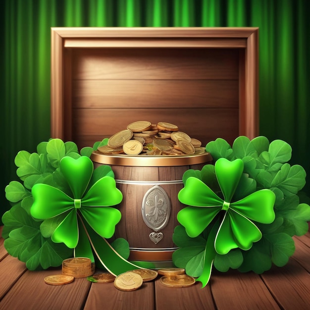 ilustración de una caja de regalo de lujo de San Patricio irlandés con una moneda de oro y fondo de madera
