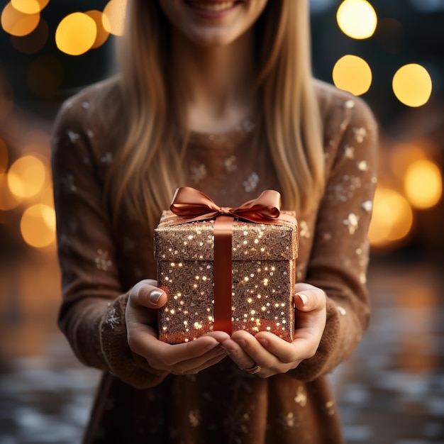 Ilustración de una caja de regalo en la mano con un fondo navideño Generado por IA