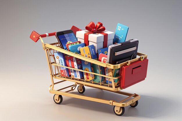 Ilustración de cajas de regalos en un carrito con tarjetas de crédito y renderización de smartphone3d