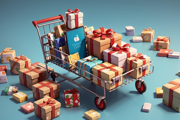 Ilustración de cajas de regalos en un carrito con tarjetas de crédito y renderización de smartphone3d