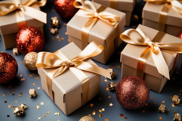 Ilustración de cajas de regalos festivos decoradas con cintas de seda multicolores rodeadas de elegantes decoraciones navideñas estrellas copos de nieve en un fondo suave IA generativa