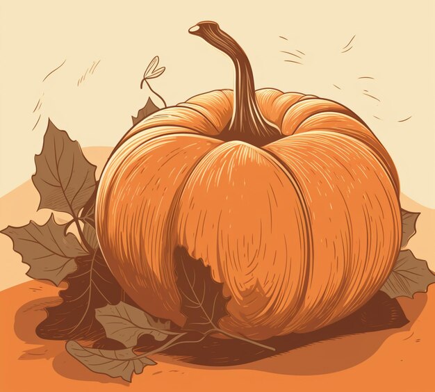 Una ilustración de una calabaza sobre un fondo naranja con hojas.