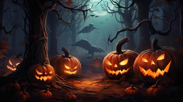 Ilustración de calabazas de Halloween brillantes en el bosque oscuro