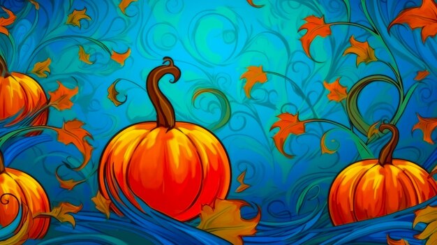 Foto ilustración de calabazas con hojas sobre un fondo azul temporada de cosecha