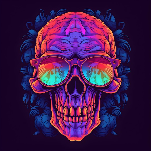 Foto ilustración de calavera de color neón impresión de camiseta generativa ai