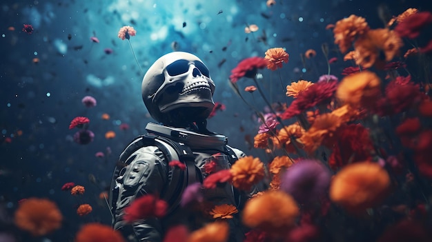 ilustración de una calavera en un jardín de flores para el fondo de pantalla